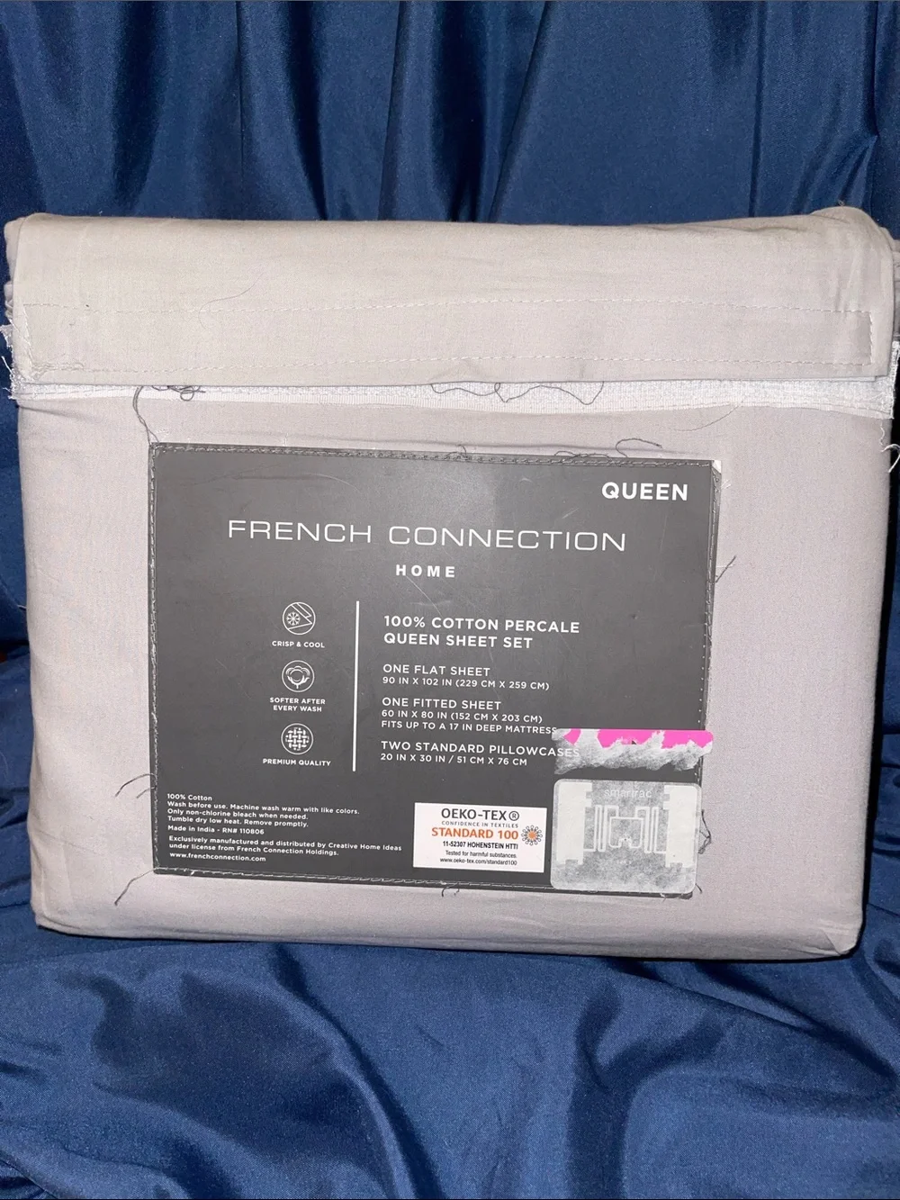 French Connection 100% Cotton Percale Queen Sheet Set - Light Gray